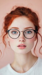 Close-up of a woman with bright red hair and glasses, showcasing her freckles and blue eyes against a pink backdrop.