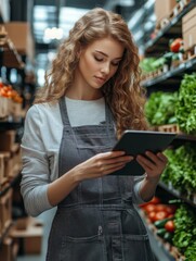 Young woman with curly hair checks inventory on a tablet in a supermarket produce aisle, surrounded by fresh vegetables.