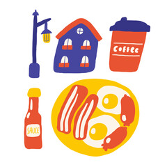 Cute England, english, UK, United Kingdom objects, composition with hand drawn doodle street lamp, coffee cup, house, food, fried eggs, bacon, sausages, breakfast. Tourist, travel, education signs