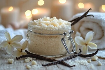 luxurious bath treatments, a gentle exfoliating scrub in a glass jar with cocoa butter and vanilla, displayed in a serene bathroom