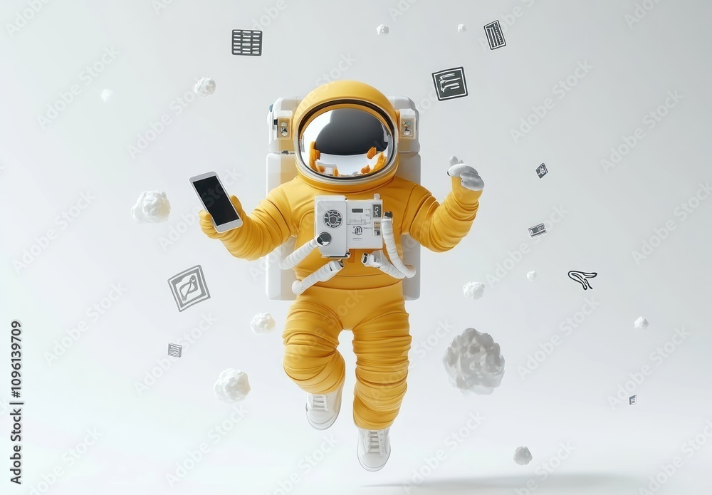 Aufkleber a playful astronaut in a yellow suit, holding a smartphone, surrounded by floating objects.