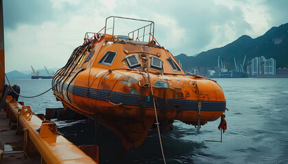 Fototapeta premium davit launched liferaft onshore, old rusty ship lifeboat, resque training stcw on vessel, seafarer education, orange safety boat