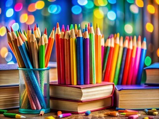 Obraz premium Surreal Books Pencils School Stationery Selective Focus AI Art