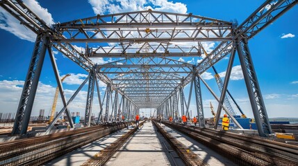 Construction of a Modern Bridge with Steel Framework Under a Clear Blue Sky Featuring Workers and Heavy Equipment on a Sunny Day