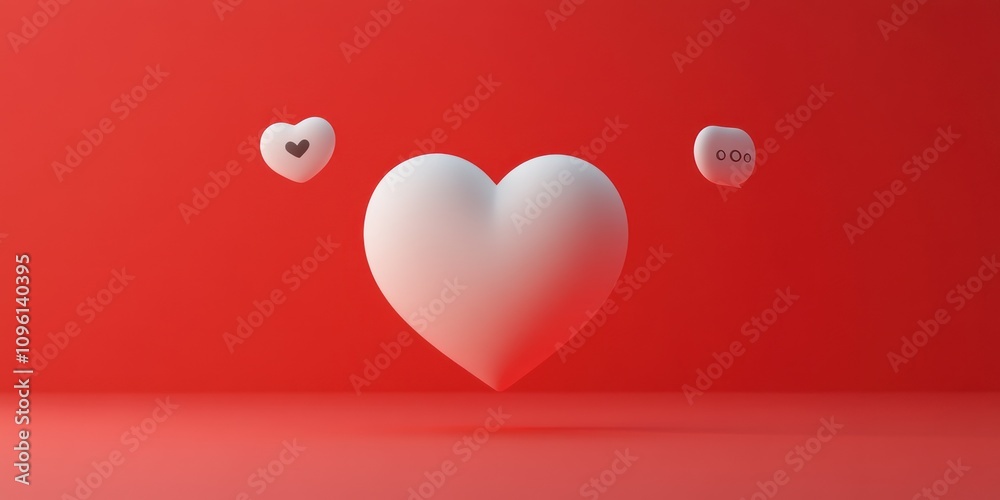 Poster a minimalist 3d rendering of hearts on a red background, symbolizing love and affection.