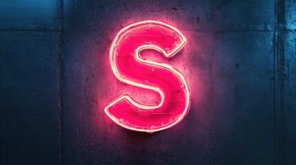 Illuminated neon letter S glowing vibrantly in pink against a dark textured wall, creating a striking contrast and bold visual impact.