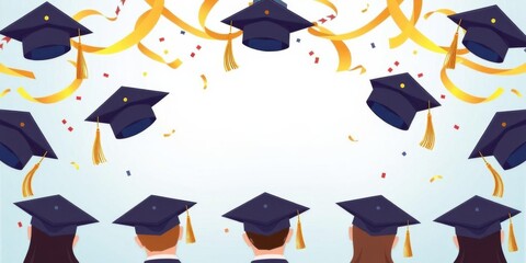 Vector illustration of graduation caps with flying confetti and golden ribbons, isolated on a white background, perfect for educational or creative design projects, background, vector, school