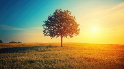 Fototapeta premium Lone tree standing majestically in a golden field during sunset, bathed in warm light under a vivid blue sky with scattered clouds.