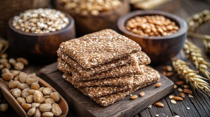 Healthy grain bars stacked on a wooden surface with assorted seeds and grains in rustic bowls, showcasing a wholesome snack idea.