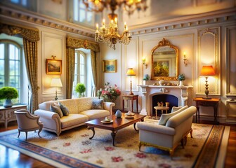 Tilt-Shift Living Room, Classic White Interior, AI Illustration