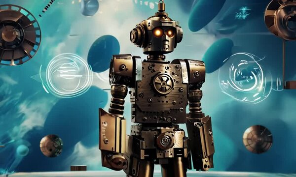 Steampunk humanoid robot standing. sci-fi abstract background. Generative AI