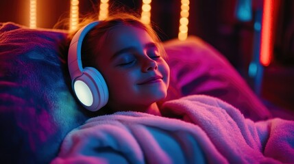 Fototapeta premium Young girl in a cozy robe with white wireless headphones relaxes on a plush bed, eyes closed, immersed in soothing music amidst colorful lights.