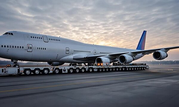 A large aircraft being transported on a flatbed truck.