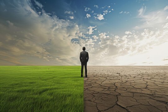 A person stands at the border of lush grass and cracked earth under a vast sky. Concept of environmental contrast and decision-making. For illustrating climate change topics