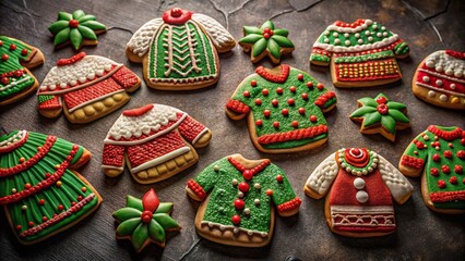 Obraz premium Ugly Christmas Sweater Cookies, Dark Background, Documentary Style