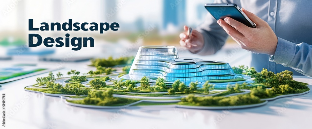 Aufkleber a futuristic landscape design model with a person using a smartphone.