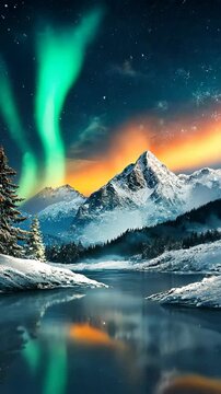 Northern lights illuminate snowy mountains and tranquil lake at dusk in winter wonderland