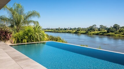 Fototapeta premium A serene infinity pool overlooking a river and lush greenery under a clear blue sky.