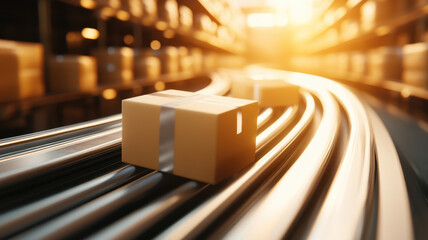 Conveyor belts transporting goods in high tech warehouse, showcasing efficient logistics and modern technology. warm lighting enhances dynamic atmosphere