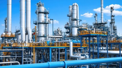 Fototapeta premium Complex Industrial Facility with Large Piping System and Towers Under Clear Blue Sky, Illustrating Modern Refinery and Processing Operations