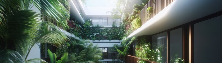 Fototapeta premium Lush indoor garden with natural light and greenery, creating a serene atmosphere.