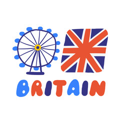Cute England, english, UK, United Kingdom objects, composition with hand drawn doodle Ferris wheel, national country flag, lettering text. Tourist, travel, education signs