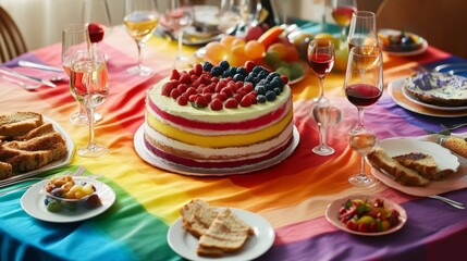 Festive table setup featuring a vibrant rainbow cake topped with berries, surrounded by wine glasses and fresh fruits.