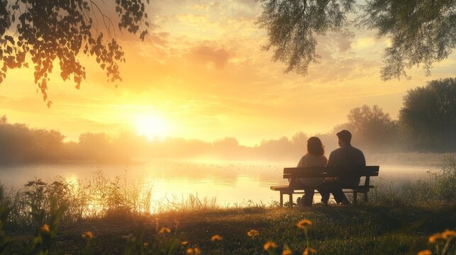 A couple sits on a bench by a tranquil lake, watching a breathtaking sunset, surrounded by nature's serene beauty. - Powered by Adobe