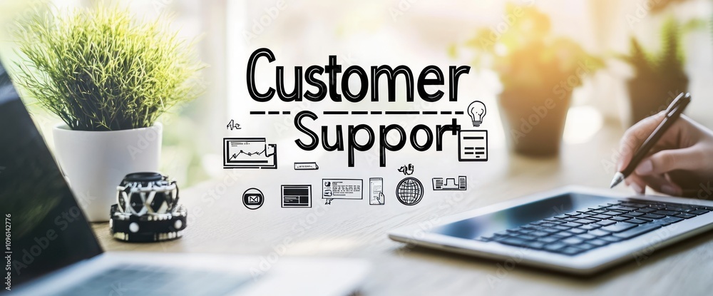 Poster A workspace featuring customer support graphics and a person using a tablet.