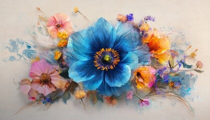 Beautiful digital art of a large blue flower surrounded by smaller pink, orange, and yellow flowers on a light beige background.