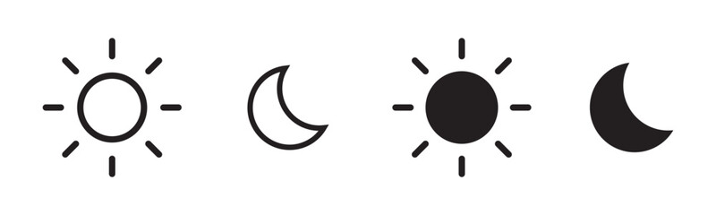 Sun moon vector icon set, day and night sign, dark and light mode icon, shining sun and crescent noon, screen brightness icon, vector illustration on transparent background