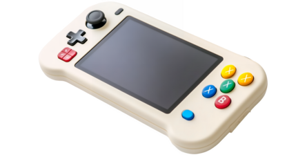 Handheld gaming console with colorful buttons isolated on a transparent background, PNG