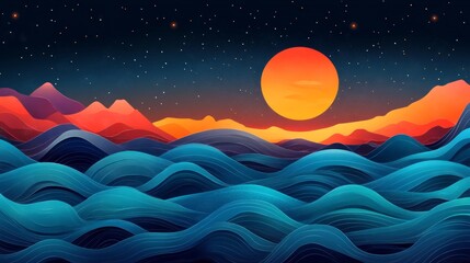 Stylized illustration of a vibrant sunset over wavy ocean and layered mountains.
