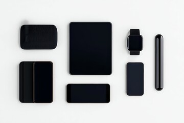 Various black tech devices on white background