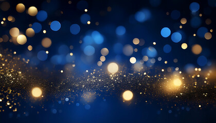 Obraz premium Abstract Firefly Glow: Dark Blue and Gold Particle Flow with Festive Light Effects