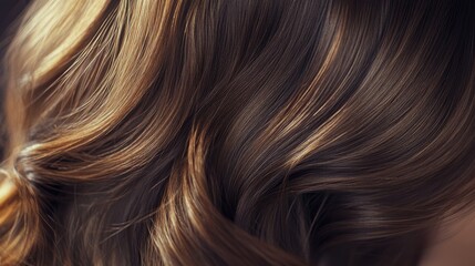 Fototapeta premium Radiant Balayage Highlights Enhancing Waves in Rich Brown Hair with Glossy Shine and Smooth Texture