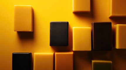 Handcrafted herbal soap bars in various shades of yellow and black displayed against a vibrant yellow background, highlighting creative design potential.