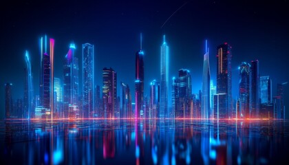 Futuristic cityscape at night with vibrant lights, tall slender buildings, modern and traditional architecture, and water reflections.