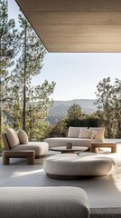 Stylish outdoor seating area with contemporary and minimalist sofas and beautiful natural views