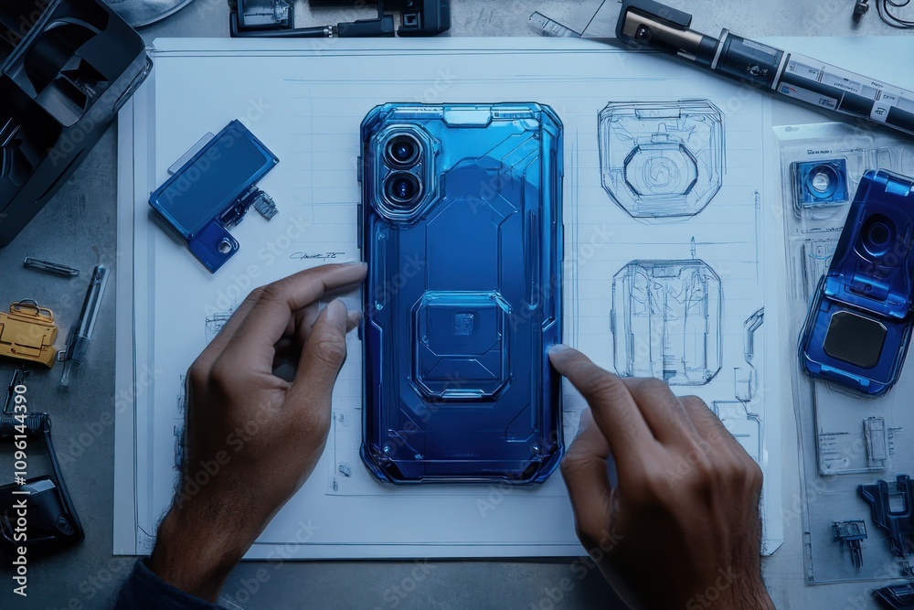 Aufkleber a person examining a blue phone case on a design sketch with tools scattered around.