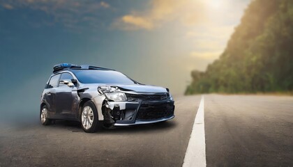 Car Accident Scene with Copy Space â€“ Road Traffic Collision Depicting a Car Crash Amidst Emergency Response, Highlighting the Aftermath of Road Accidents and Safety Precautions for Awareness