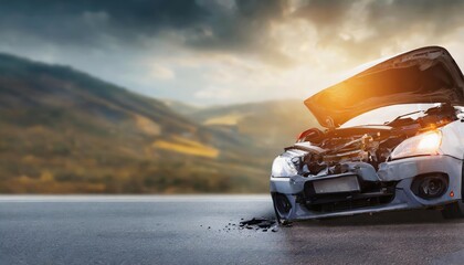 Detailed visual representation of a car crash on the road, highlighting an accident scene with impactful imagery and clear copy space, suitable for banners, articles, or public safety