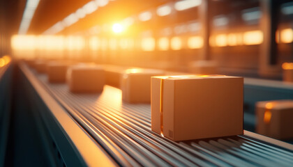 conveyor belt with finished goods moving in warehouse at sunset, showcasing industrial setting and warm lighting