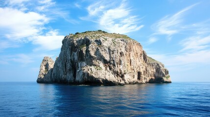 Rugged rocky island standing alone in tranquil blue ocean waters under a bright blue sky with scattered clouds.