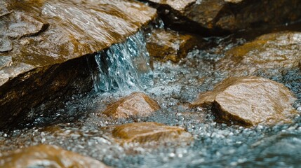 Obraz premium Long exposure shot of smooth flowing water over textured rocks with sharp focus on glistening water droplets amidst the natural landscape.
