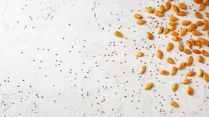 Pumpkin seeds scattered artistically on a textured white background, creating ample space for customization or graphic design elements.
