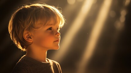 Adorable young boy in profile, bathed in soft beams of light, with a warm and serene expression in a softly lit, atmospheric background