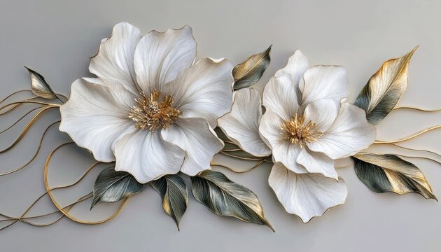 Elegant floral arrangement with white flowers and gold accents on grey background, featuring symmetrical design and velvety textures.