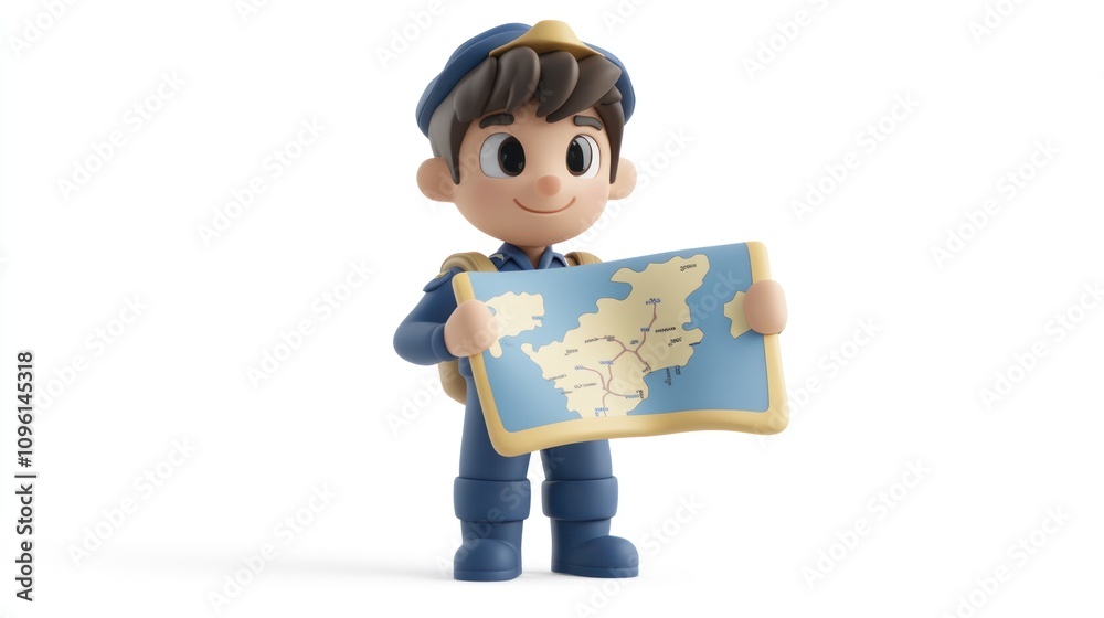 Poster a cheerful character holds a map, suggesting exploration and adventure.
