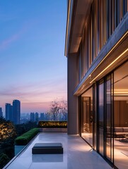 Modern Apartment Balcony with City Skyline View at Dusk.